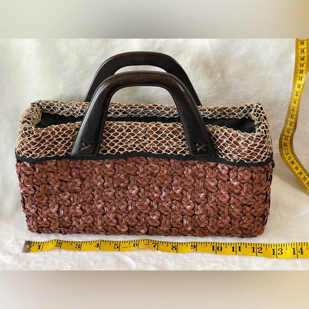 Vintage handmade purse from Thailand zipper closure, wood handles